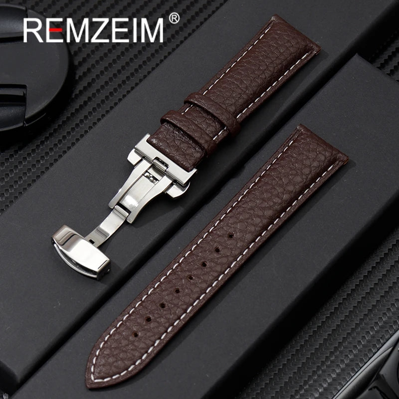 Litchi Grain Strap 18/20/22mm Watch Accessories Genuine Soft Leather Wristwatch Band With Butterfly Buckle