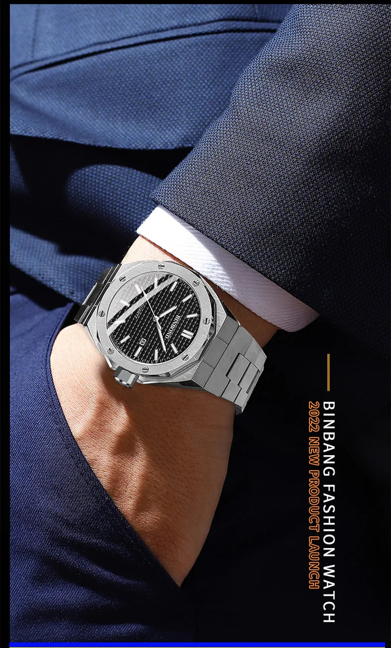 BINBOND 0233 Fashion Men's Watch Alloy Strap with Octagonal Screw Quartz Movement High end Quartz Men's Watch 2025