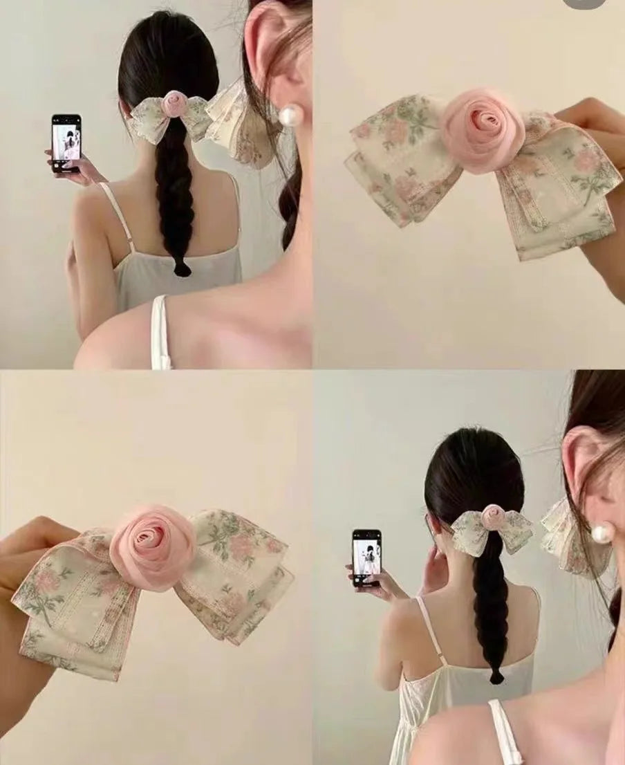 Fabric Rose Hair Clip Small Fragmented Flower Horse Tail Hair Clip Sweet and Cute Bow Headpiece
