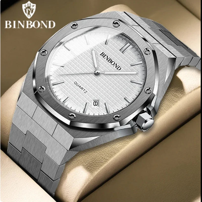 BINBOND 0233 Fashion Men's Watch Alloy Strap with Octagonal Screw Quartz Movement High end Quartz Men's Watch 2025
