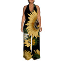 Vacation Leaf Print Halter Jumpsuit - Tie Neck Wide Leg Palazzo Beach Romper