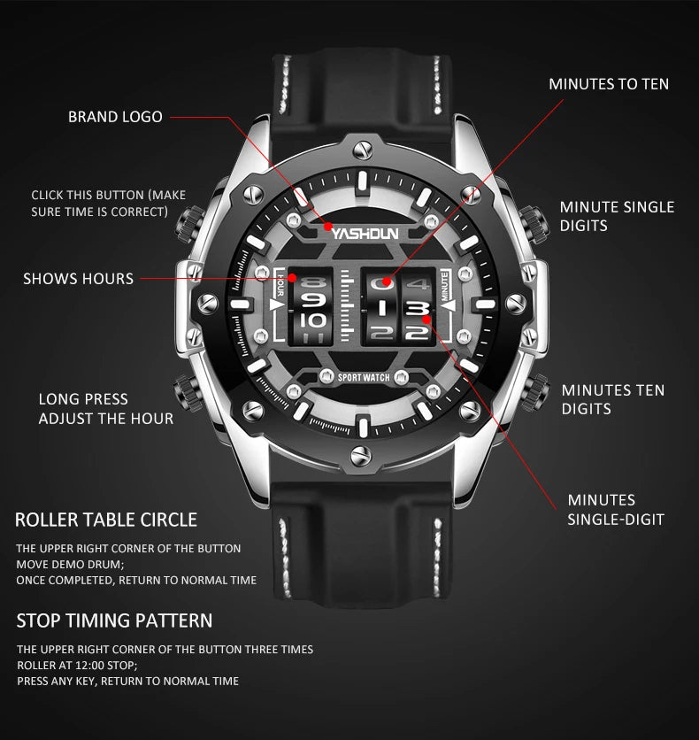 Men Quartz Watch Roller Digital Dial Design Silicone Strap Versatile Wristwatch Clock Waterproof Military Sports Clock