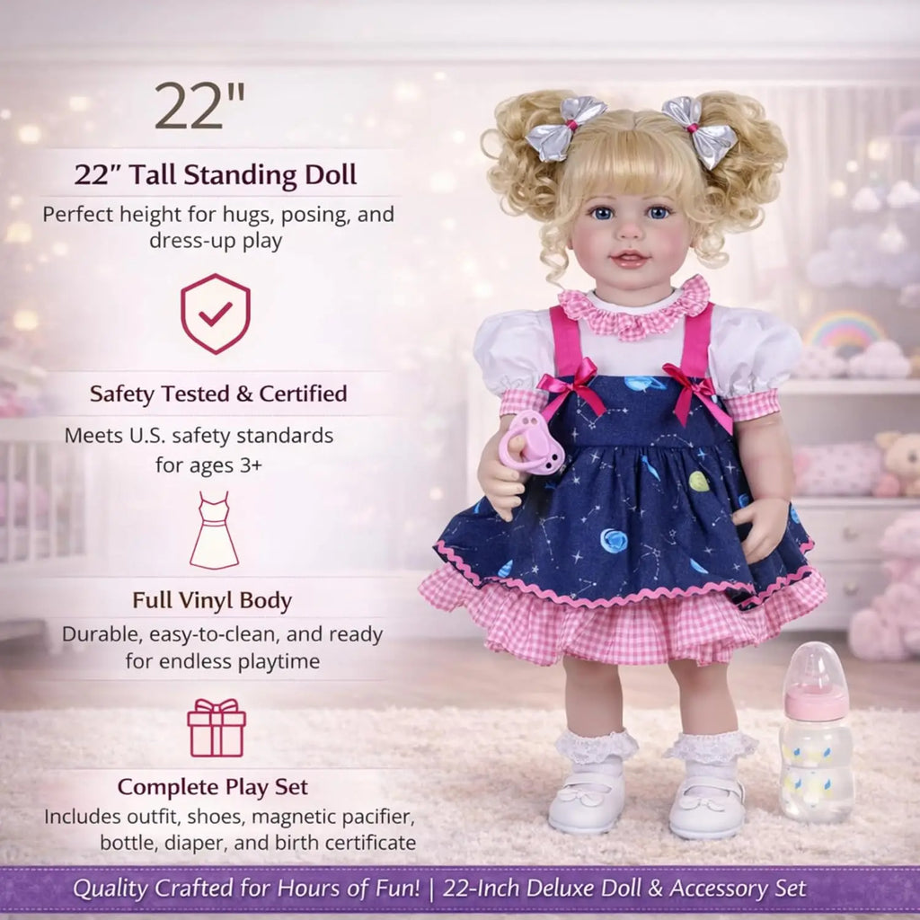 Galaxia Girl” – 22” Realistic Reborn Toddler Doll with Blonde Curly Hair, Light Skin Tone, Hand-Painted Face