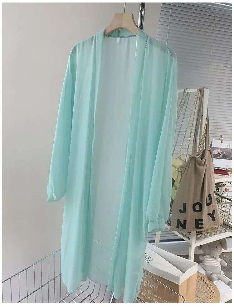 Long Shirts Women Summer Girls Sunscreen Clothing Seethrough Thin Loose Solid Simple Leisure All-match Korean Style Chiffon Tops