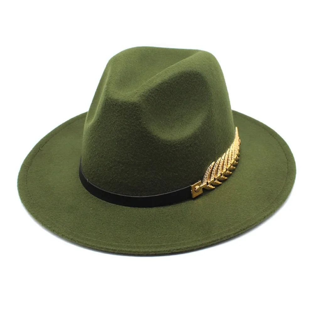 Large Brimmed Woolen Hats Formal Occasion Performance Cap Fedora Hat Jazz Hats Leaf Decoration British Vintage Hats