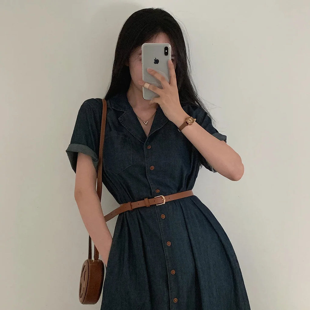 Slimming Chic Retro Chic Long Dr with Belt High Waist A-Line Skirt ort Sve Korean Sle Commute Dr Denim Dr