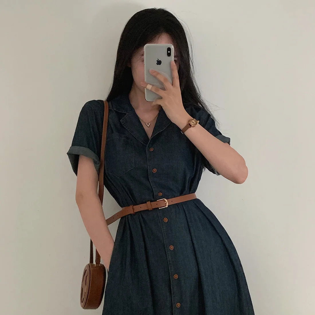 Slimming Chic Retro Chic Long Dr with Belt High Waist A-Line Skirt ort Sve Korean Sle Commute Dr Denim Dr