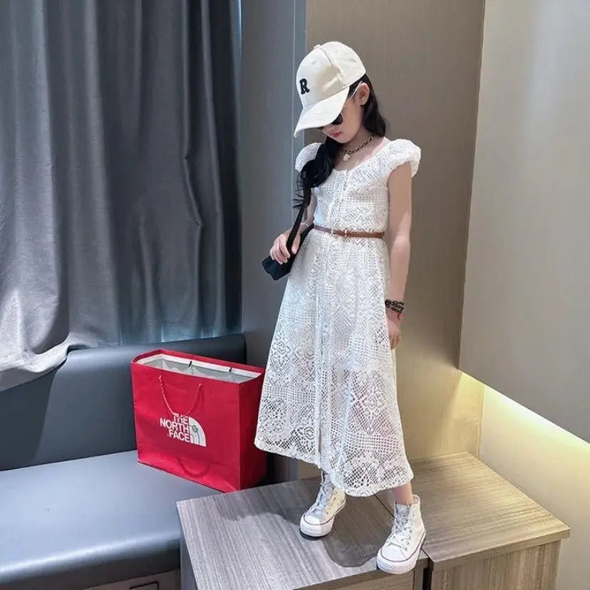 Girls' Set 2025 New Summer Korean  Lace Hollow Set Elegant Medium sized Children's Dress