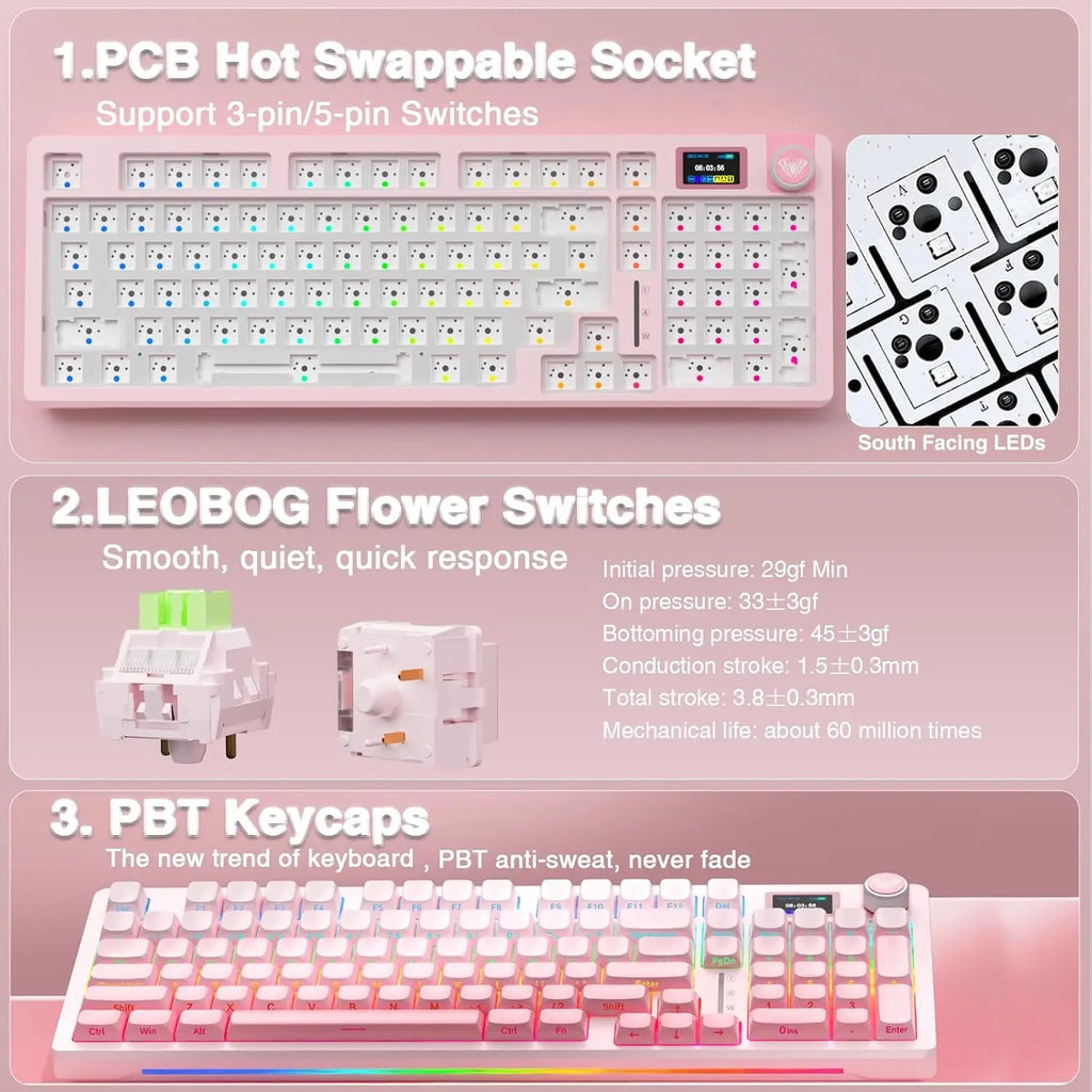 AULA S98pro Wireless Gaming Keyboard BT/USB-C/2.4G PBT Keycaps RGB Hot-swap Esports Mechanical Keyboard with Multi-function Knob