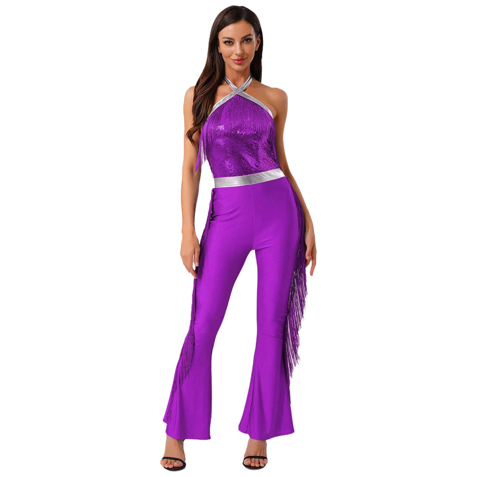 Womens 70s Disco Party Jumpsuit Halter Shiny Sequins Tassel Flared Pants Latin Jazz Dance Rompers Rave Festival Prom Clubwear