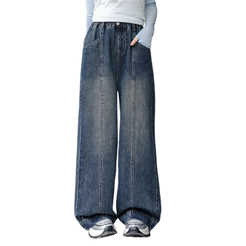 Teenager Girl Blue Jeans Fashion Retro Straight Leg Children Trousers Youth Lady Baggy Vintage Wash Casual Denim Pants Age 8-16Y