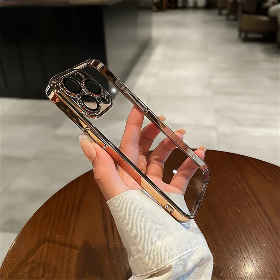Luxury Plating Clear Silicone Case For iPhone 15 14 13 12 11 Pro X XR XS Max 7 8 Plus SE Mini Shockproof Transparent Soft Cover