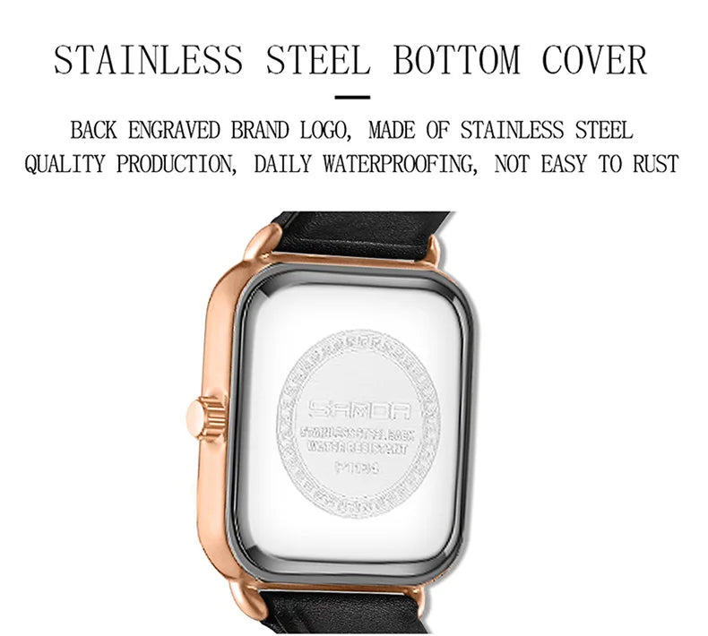 SANDA 1134 Women's Square Quartz Watch Black Fashion Crystal Waterproof Date Pointer Wristwatches for Ladies Watches Gift