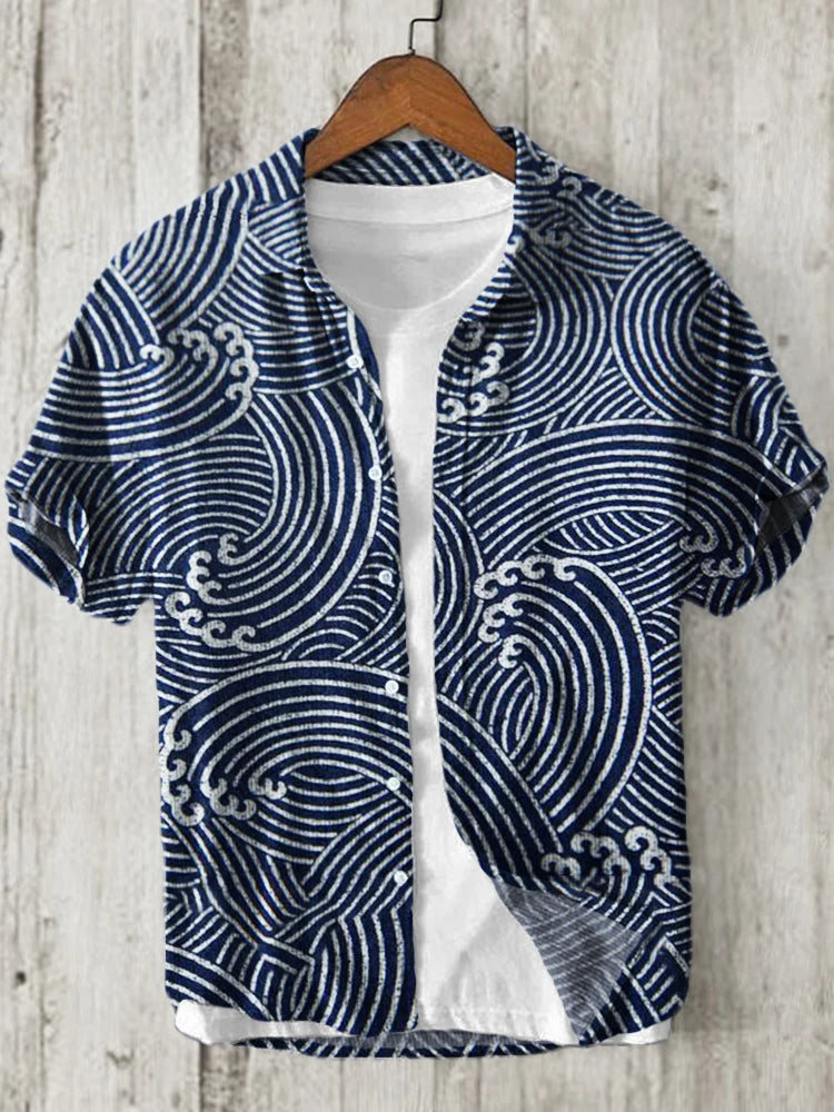 Men's shirt, small fish eating big fish, fashionable and casual, slim fit, Hawaiian men