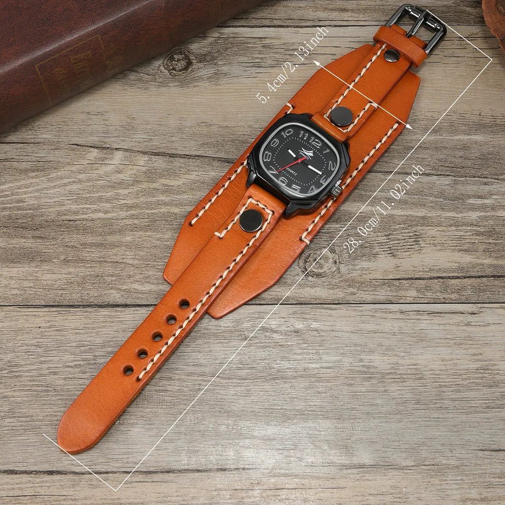 Men's Vintage Wide Cowhide Leather Hand-Stitched Quartz Watch - Retro Wrist Accessory