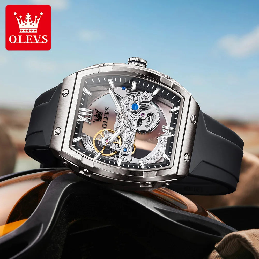 OLEVS 6779 Man Watch Skeleton Luxury Tonneau Mechanical Watches For Men Waterproof Silicone Strap Automatic Hand Clock Gifts Box