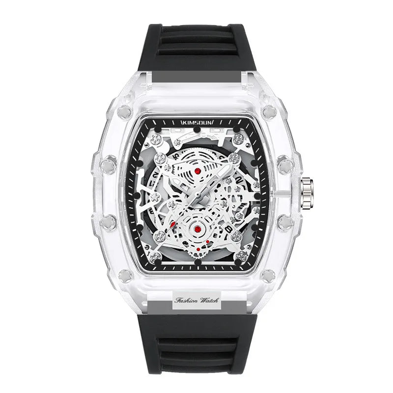 Fashionable Casual Men's Watch Luminous Calendar Function Silicone Strap Tonneau Shaped Transparent Case Men Quartz Watch Reloj