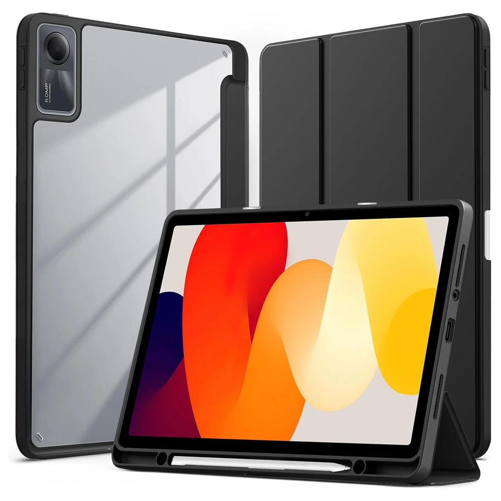 Tri-Folding Flip Tablet Cover For Xiaomi Redmi Pad SE 11 inch 2023 Acylic Transparent Back Case Pencil Holder Auto Sleep/Wake