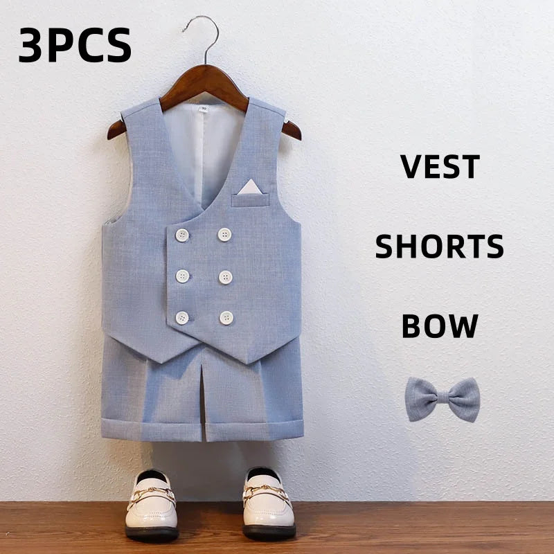 JUCPKID Kids Boys Summer Vest Shorts Suit Formal Elegant Children Boys Wedding Suit Junior Boys Blue Gray Short-sleeved Vest Set