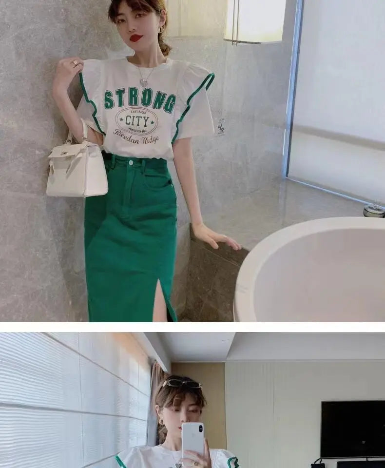 Summer 2024 Trendy Loose ort Sve T-irt Women's Top Design Sense Splicing Slimming Faionable Youthful Polyester Cotto...