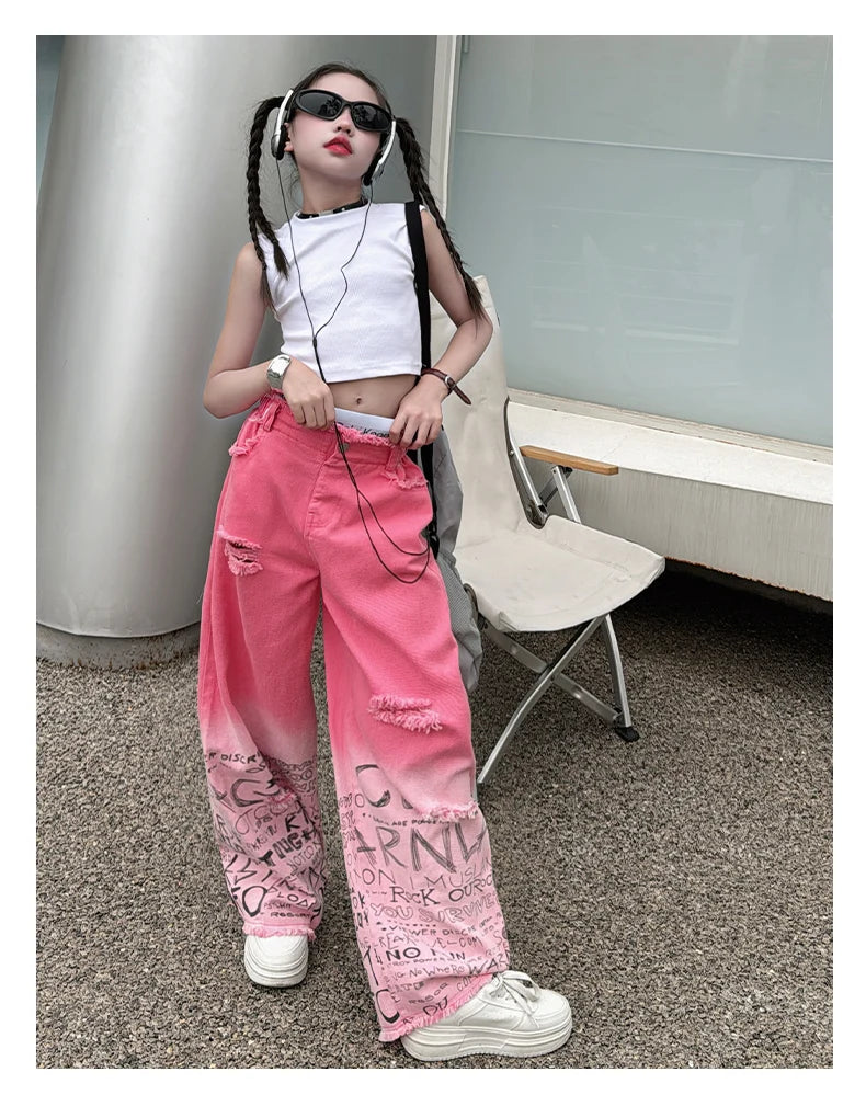 junior girls pink gradient color hole wide leg jeans cotton teenager kids Mop pants pant children trousers adolecentes 4 12 14