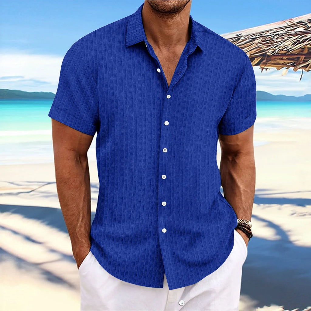 Men Must Summer Casual Shirt Cotton And Linen Stripes Casual Comfortable Loose Beach Lapel Cardigan Short-Sleeved Top