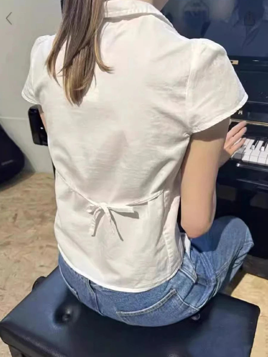 Back Lace-up White Blouse Women Peter Pan Collar Slim Short Sleeve Blouses Summer Casual Simple Sweet Chic Y2k Top Shirts Femme