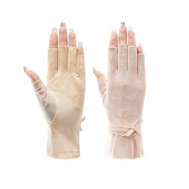 Women Summer Ice Silk Sexy Lace Thin Sunscreen Half-Finger Gloves High Elasticity Non-Slip Breathable Mesh Drive Cycling Soft