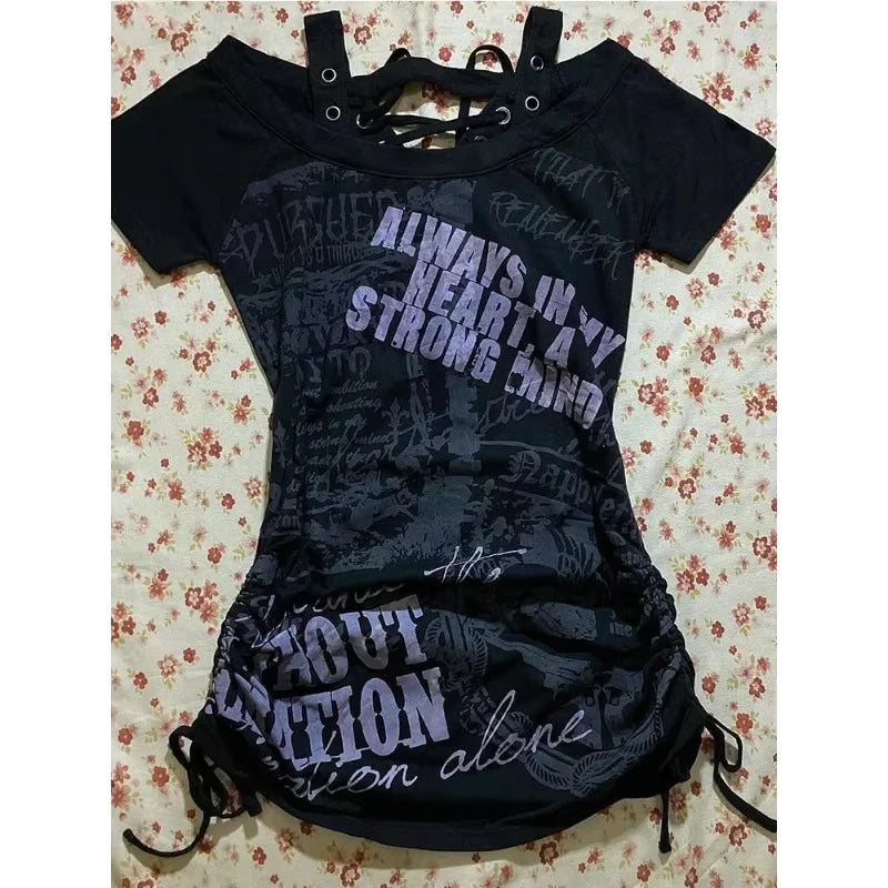American Vintage Fake Two Pieces T-Shirt Women Streetwear Hip Hop Gothic Harajuku Grunge Y2k Crop Tops Black Skull Punk Tees