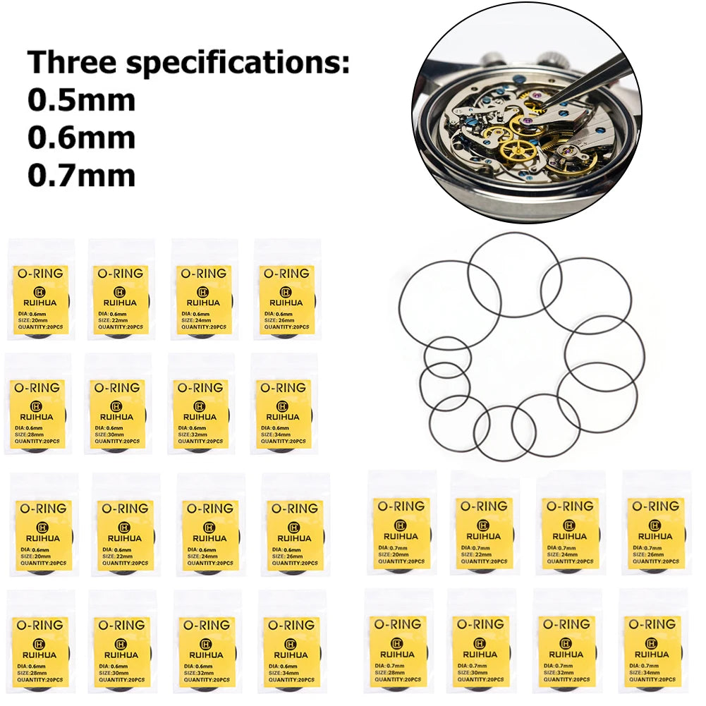 200pcs Waterproof 0.5mm/0.6mm/0.7mm O-Ring Watch Back Seal Cover Mini Rubber Washer O-Ring Watch Gaskets Watch Repair Tools