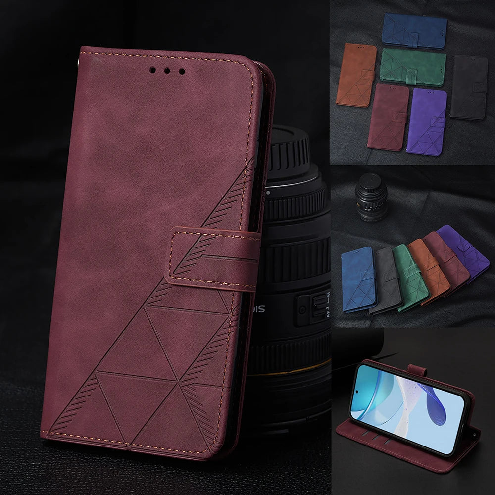 Geometric Leather Wallet Case For ZTE Blade A76 A75 A73 A55 A53 Plus A52 A35 Core V60 V80 Vita Nubia Focus 2 Ultra Calf P9 Pro