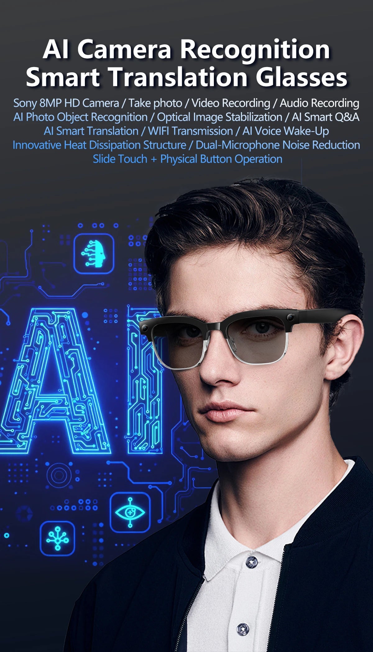 New Upgrade 800W Pixel Smart Glasses With Camera Video Recording AI Photo Recognition Call Language Translation Voice Sunglasses