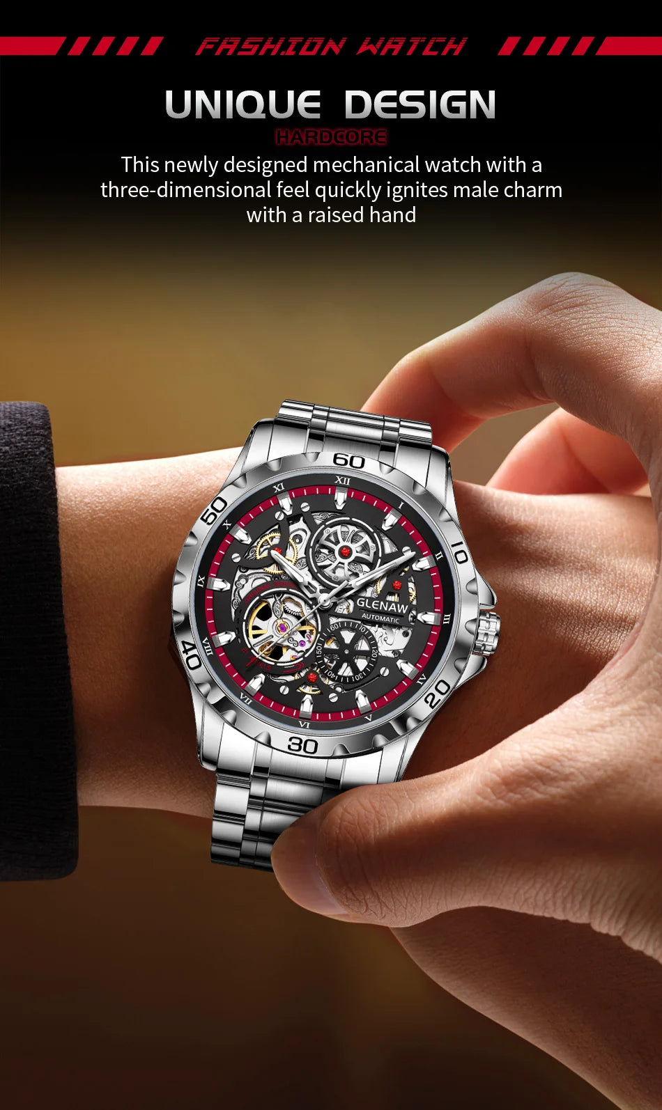 2025 GLENAW NEW Steampunk Skeleton Men Watch Luxury Automatic Mechanical Watches Luminous waterproof Stainless Steel Strap Watch