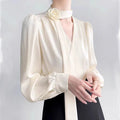 2025 New Ladies' Clothes French Elegance Rose Bow Long-Sleeve Blouse Women’s Chic Spring/Autumn Top Satin High Quality Clothing