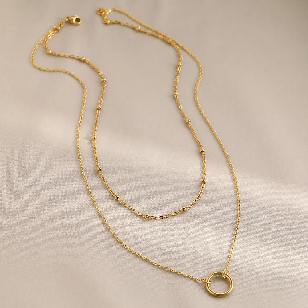 Stainless Steel Necklaces Trending Products Circle Pendant Bead Layer Chain Light Luxury Choker Fine Necklace For Women Jewelry