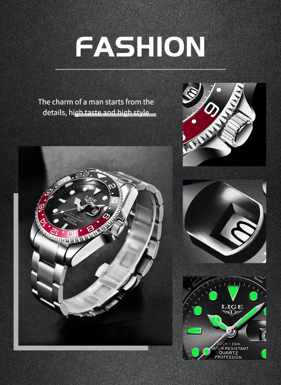 LIGE Top Brand Fashion Mens Watch Business Luxury Quartz Wristwatches Luminous Waterproof Steel Sports Watches Mens Gifts Reloj