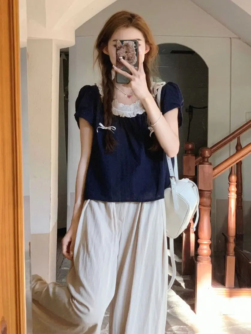 Women Summer 2025 New Short-sleeved Shirt Top High Waist Loose Wide-leg Pants Two-piece Set