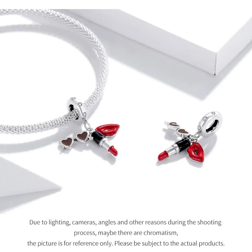 BISAER 925 Sterling Silver Summer Vacation Charm Bead Lipstick Sunglasses High Heels Airplane Pendant Fit Women DIY Bracelet