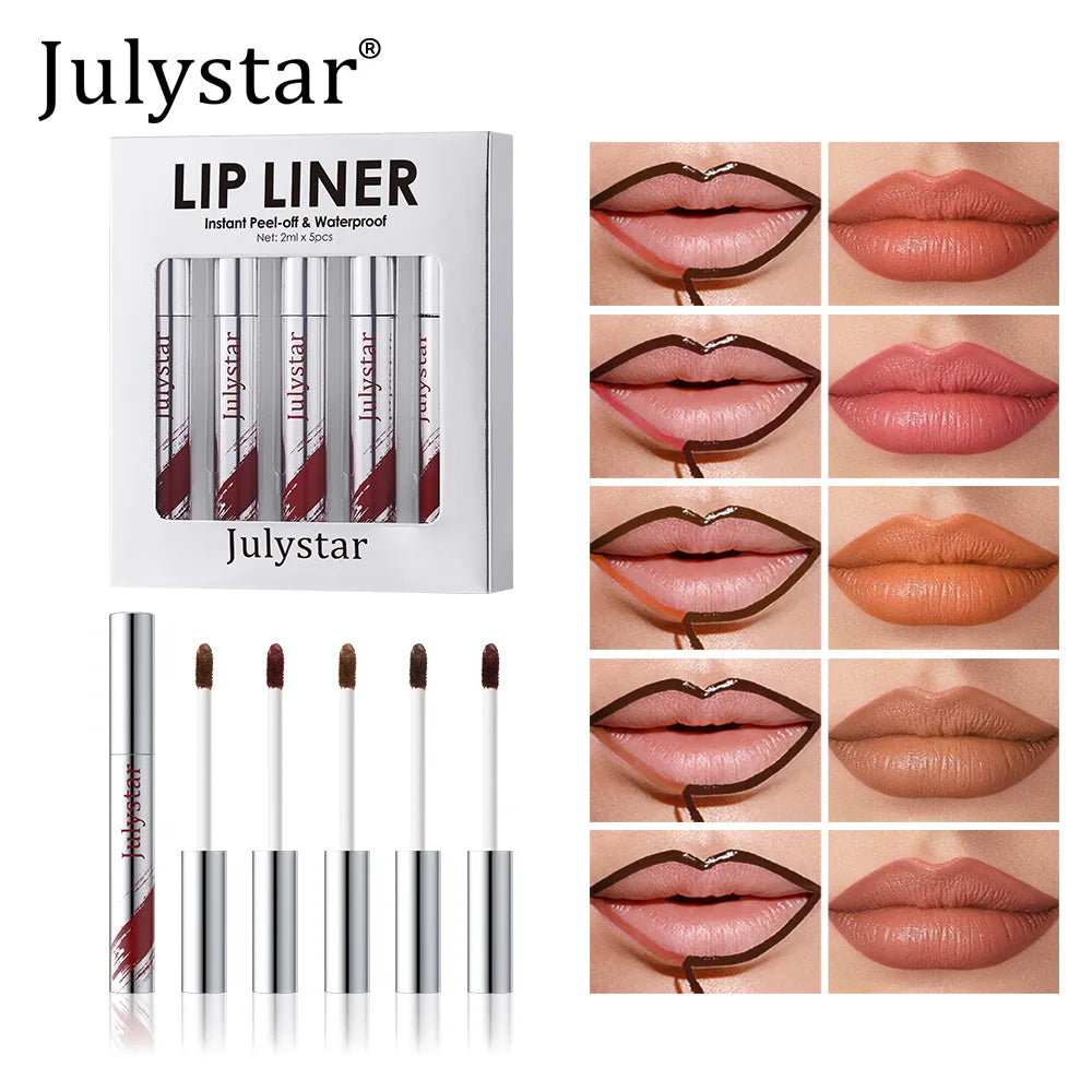 5pcs Peel Off Lip Liner Pen Set, Long-lasting Waterproof & Smudge-proof Peel Off Lip Liner Stain,Peel Off Lipstick Natural Lip