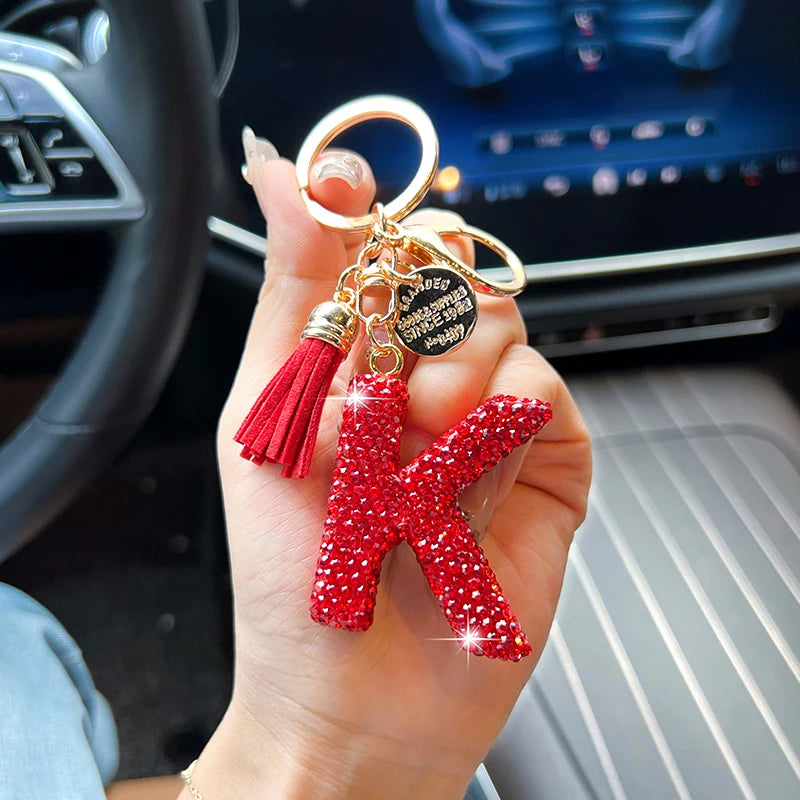 Red English letter car keychain, delicate with diamond bag, pendant, fashionable tassel key chain accessory