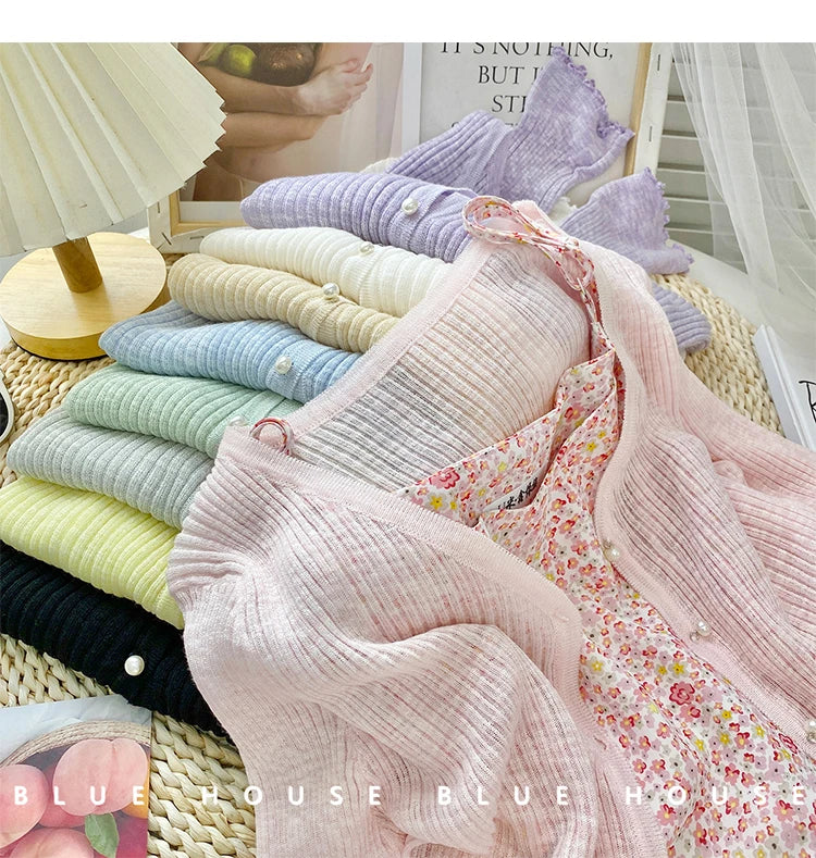 Women 2026 Spring Summer Short Pearl Button Thin Casual Coat Gentle Ruffle Trim Long Sleeve Ice Silk Sunscreen Knitted Cardigan