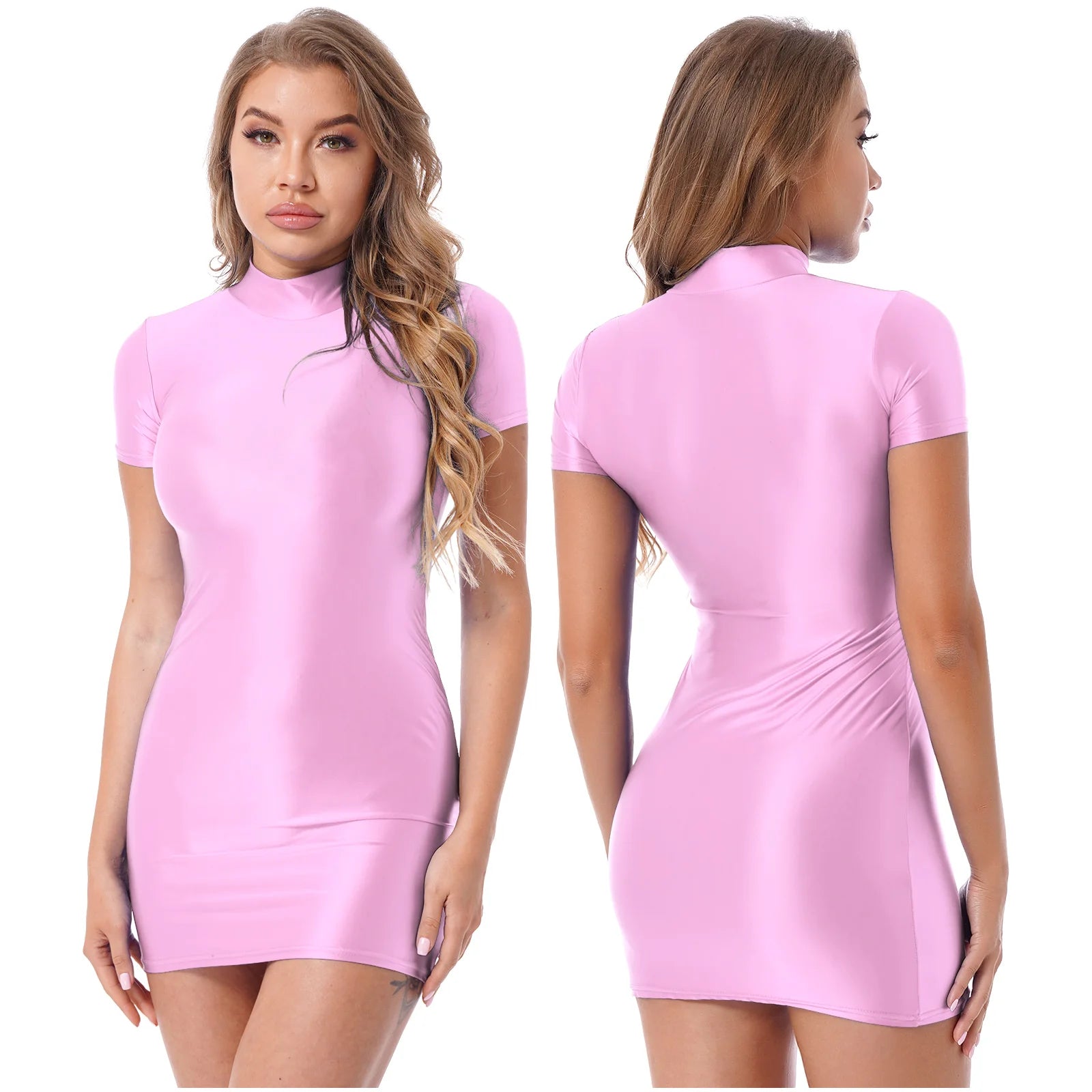 Women's  Solid Color Smooth Stretchy Mock Neck Tight Party Dresses Female Dresses Glossy Long Sleeve Bodycon Dress Nightwear