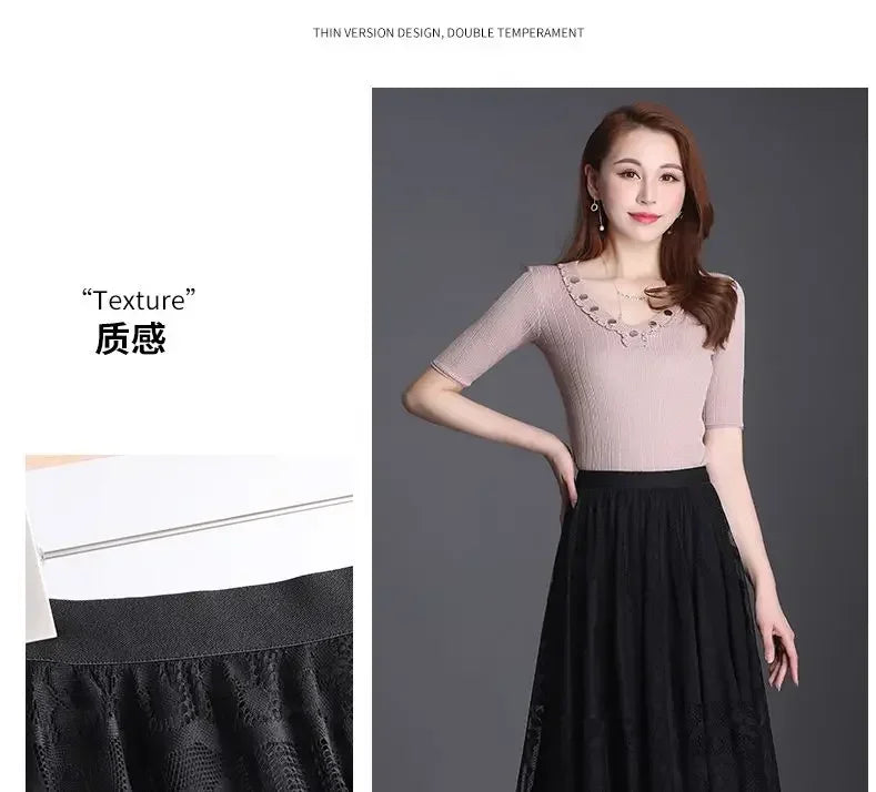 Lace Skirt for Women New Style Popular Versatile A-line Midi Skirt for Large Mesh Hollow Fairy Pleated Skirt