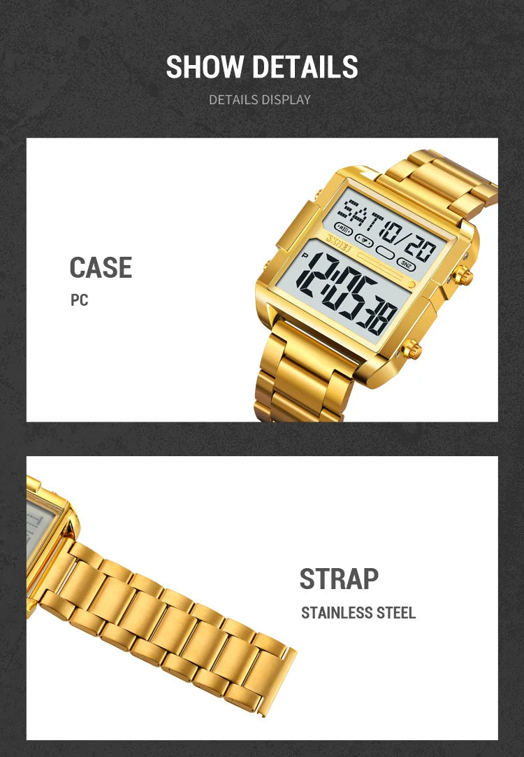 Skmei Luxury Brand Steel Strap Digital Watches for Mens Dual Time Zone Waterproof LED Chronograph Fashion Date Week Alarm Clock