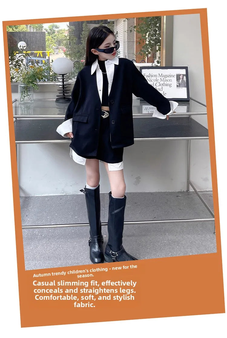 Girls' Suit Set Ages 5-14 Trendy Spliced Two-Piece Outfit with Jacket And Short Skirt for Children's Fashion Shows Machine Wa...