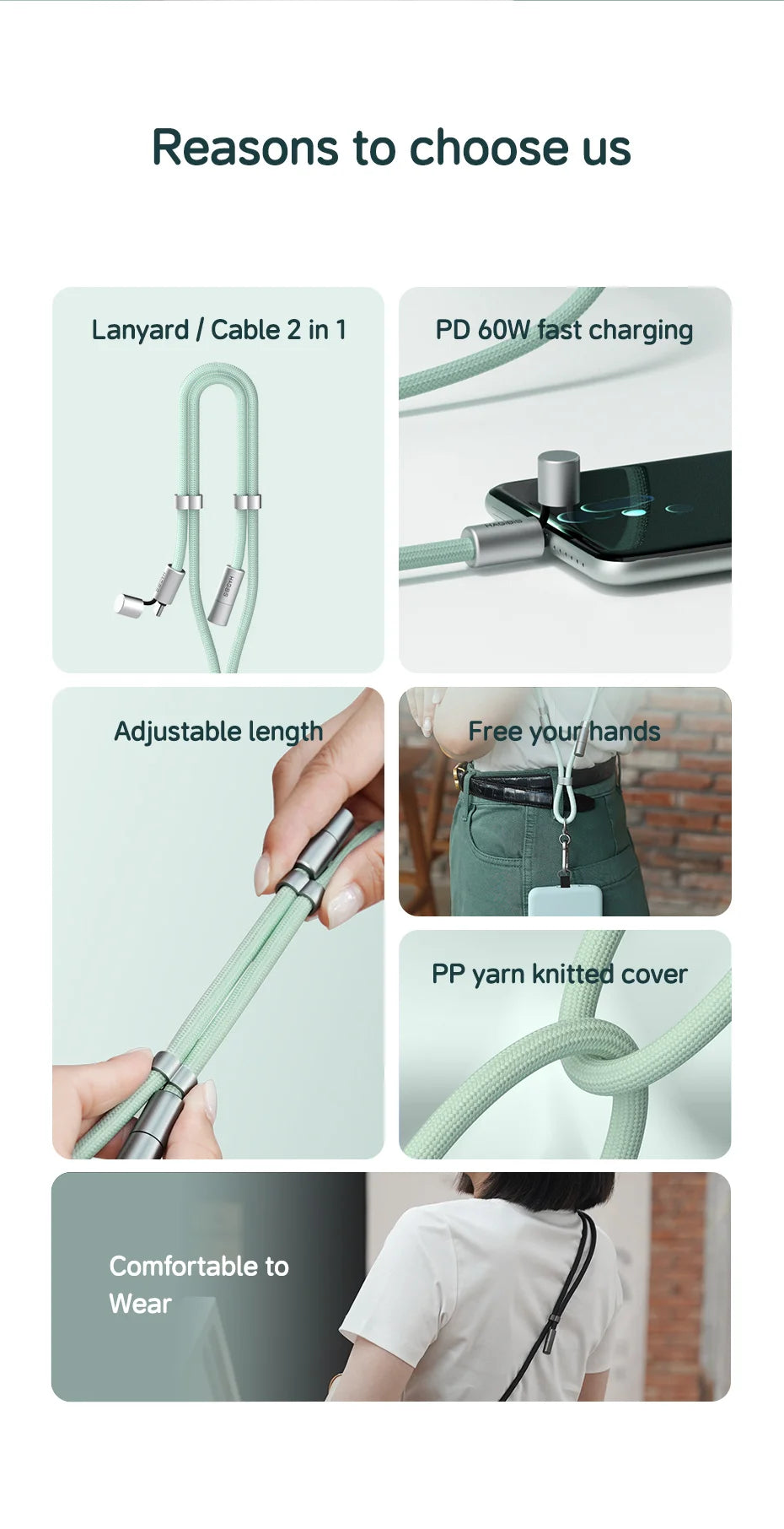 Hagibis Universal Phone Lanyard USB C Cable 2 in 1 Phone Strap C to C/C to L Charging Cord for iPhone 16/17 Pro Max Most Phones