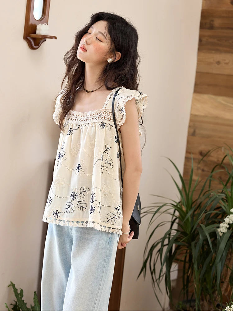 MISHOW Square Collar Embroidered Doll Blouses for Women Summer 2025 Flying Sleeve Patchwork Lace Tassels Retro Tops MXE35X1839