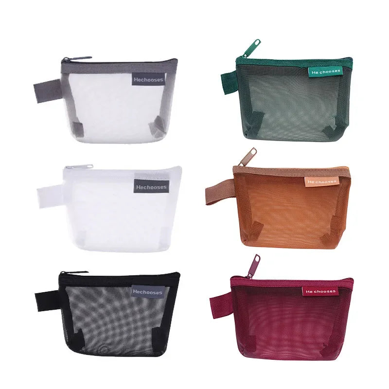 Mini Clear Nylon Mesh zipper Cosmetic Bags Cute Women Small Lipstick Makeup Bags Pouch Data Line Key Earphone Organizer Case