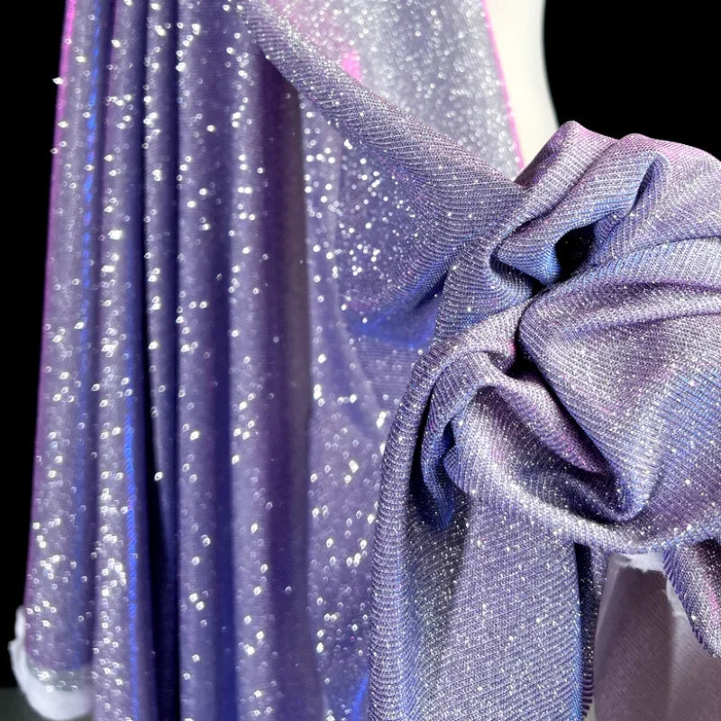 Colorful Blue Gradient Glitter Fabric Elastic Knitting By The Meter for Clothes Performance Dress Diy Sewing Designer Cloth Gold