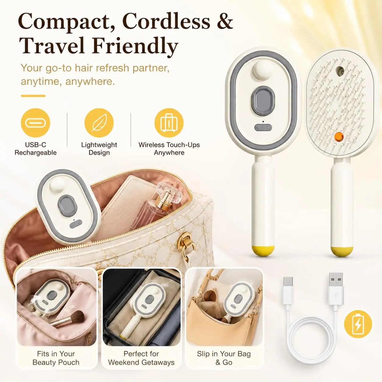 Electric Steam Brush for Hair Rechargeable Hair Brush with Water Spray Reduce Frizz Detangling & Anti-Static Hair Brush